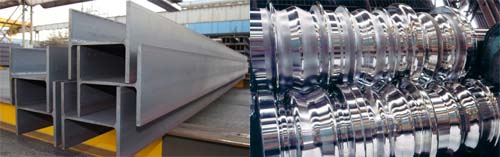 사진: ´2016년 세계일류상품 및 생산기업 선정´에 뽑힌 현대제철 H형강(左)과 열간압연용 원심주조공구강 롤