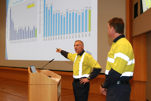 호주 BSL제철사 소속 안전보건 전문가가 연단에서 안전 관리 강연을 진행하고 있다.