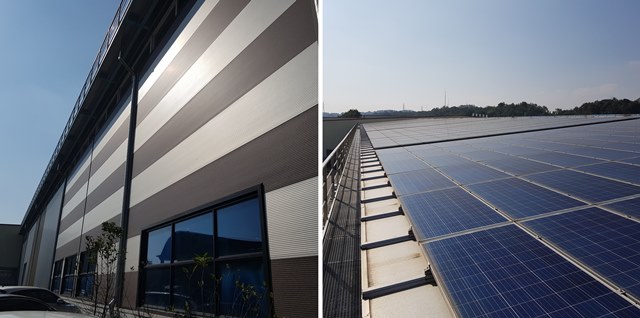 알루미늄 패널을 적용한 외벽(왼쪽)과 태양광 패널까지 얹은 지붕재 모습.