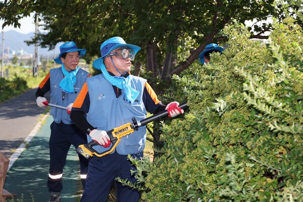 포항제철소 소장단과 조경가꾸기 봉사단이 형산강 조경 봉사활동에 참여하고 있다