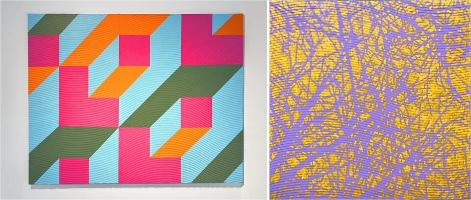 ◇HUE 145.3x115.4cm Acrylic gouache, gel on modelling made canvas 2024(사진 좌측) / collection scene, 45.5x45.5cm, Acrylic gouache, gel on modeling made canvas, 2025(사진 우측)